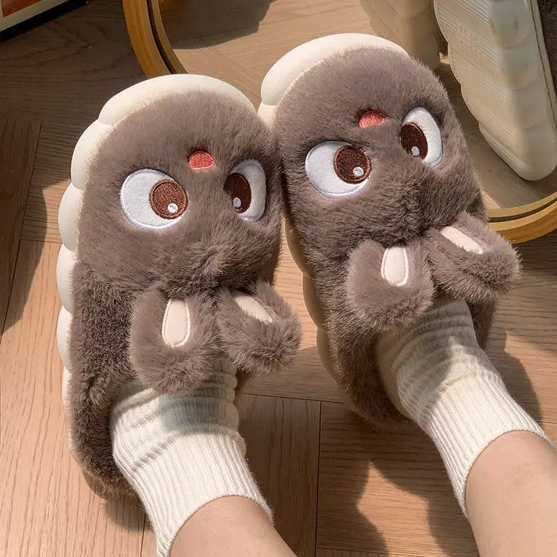 New white bunny slippers woman cute indoor shoes women rabbit ear furry slides winter home shoes ladies comfort fluffy slippers