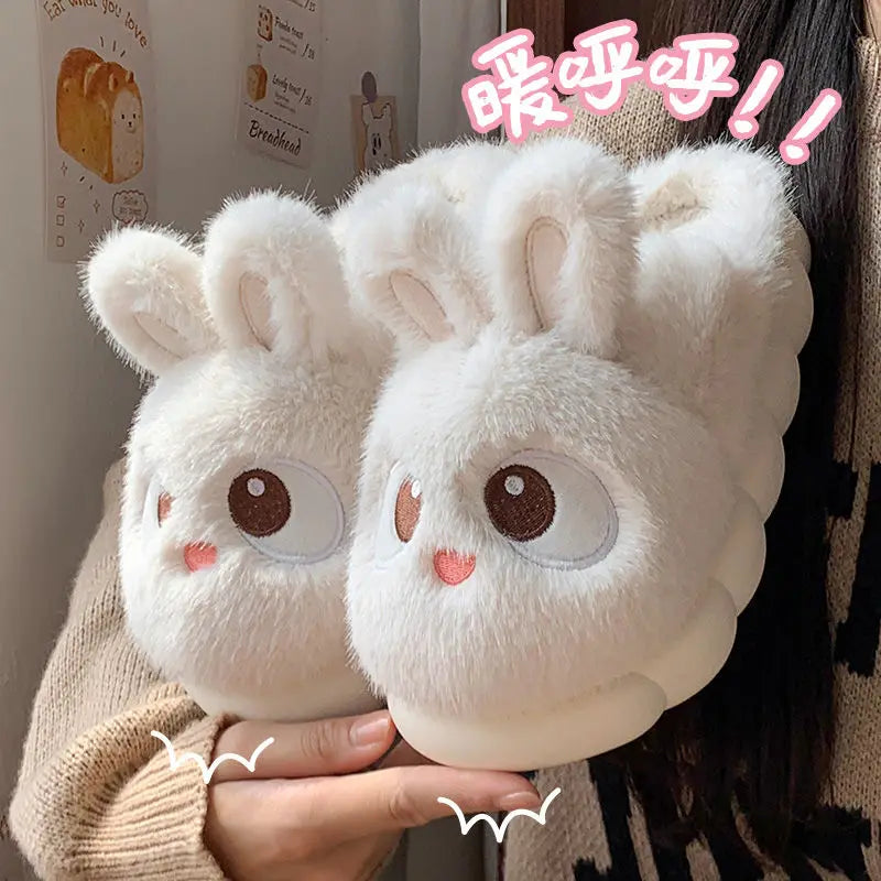 New white bunny slippers woman cute indoor shoes women rabbit ear furry slides winter home shoes ladies comfort fluffy slippers