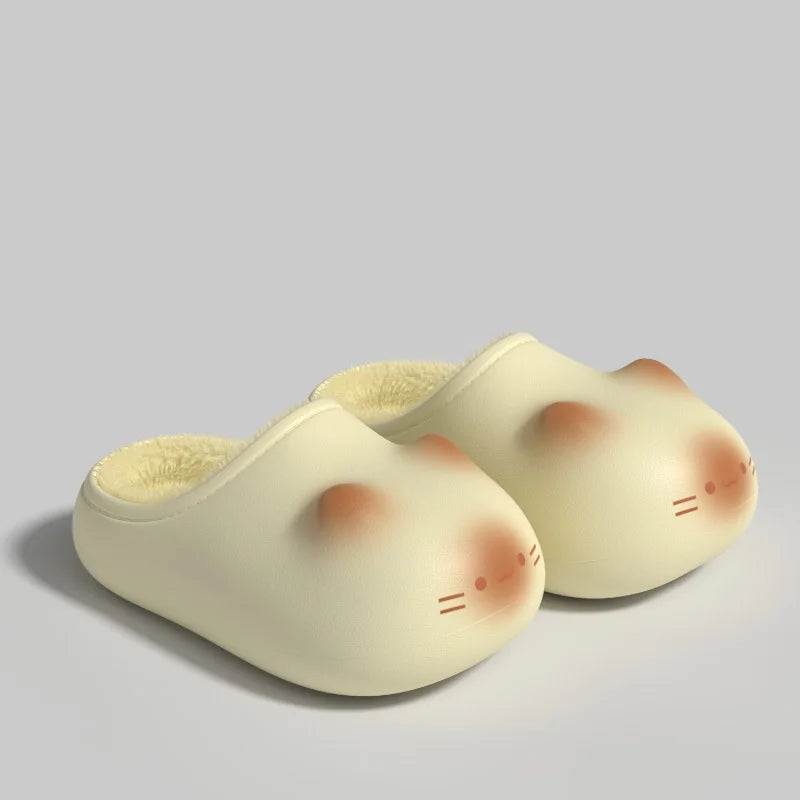 New waterproof cat slippers women's adorable kitty mules outdoor home warm winter closed toe shoes woman kitten plush slipper