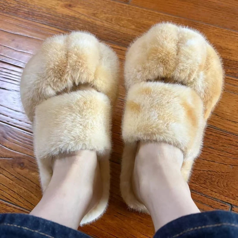 Kawaii Cat Paw Slippers Fashion Imitation of Otter Rabbit Hair Fluffy Slippers Women Comfort Flat Heel Plush House Warm Shoes