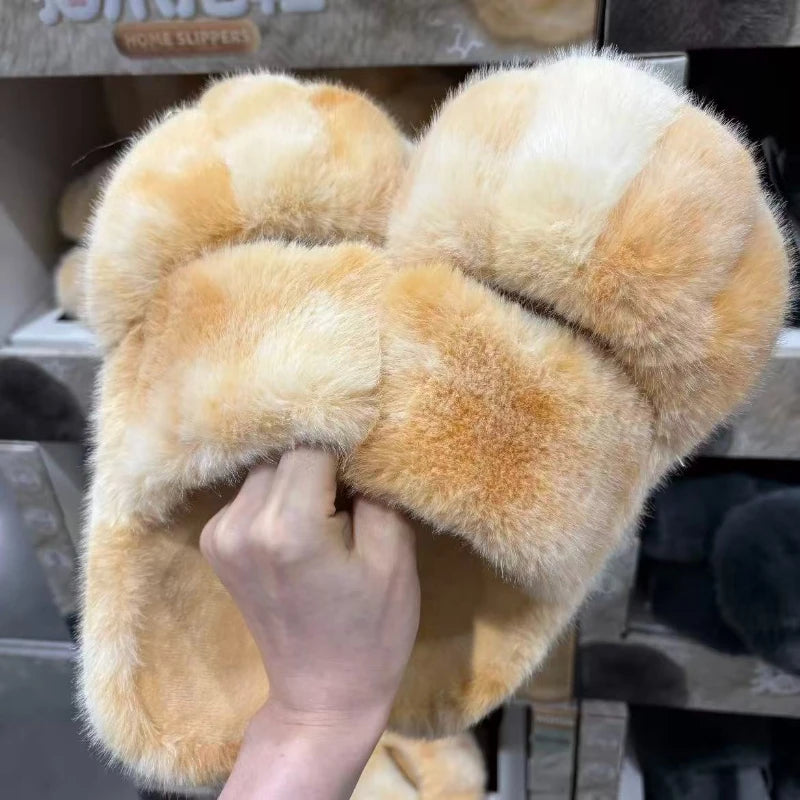 Kawaii Cat Paw Slippers Fashion Imitation of Otter Rabbit Hair Fluffy Slippers Women Comfort Flat Heel Plush House Warm Shoes