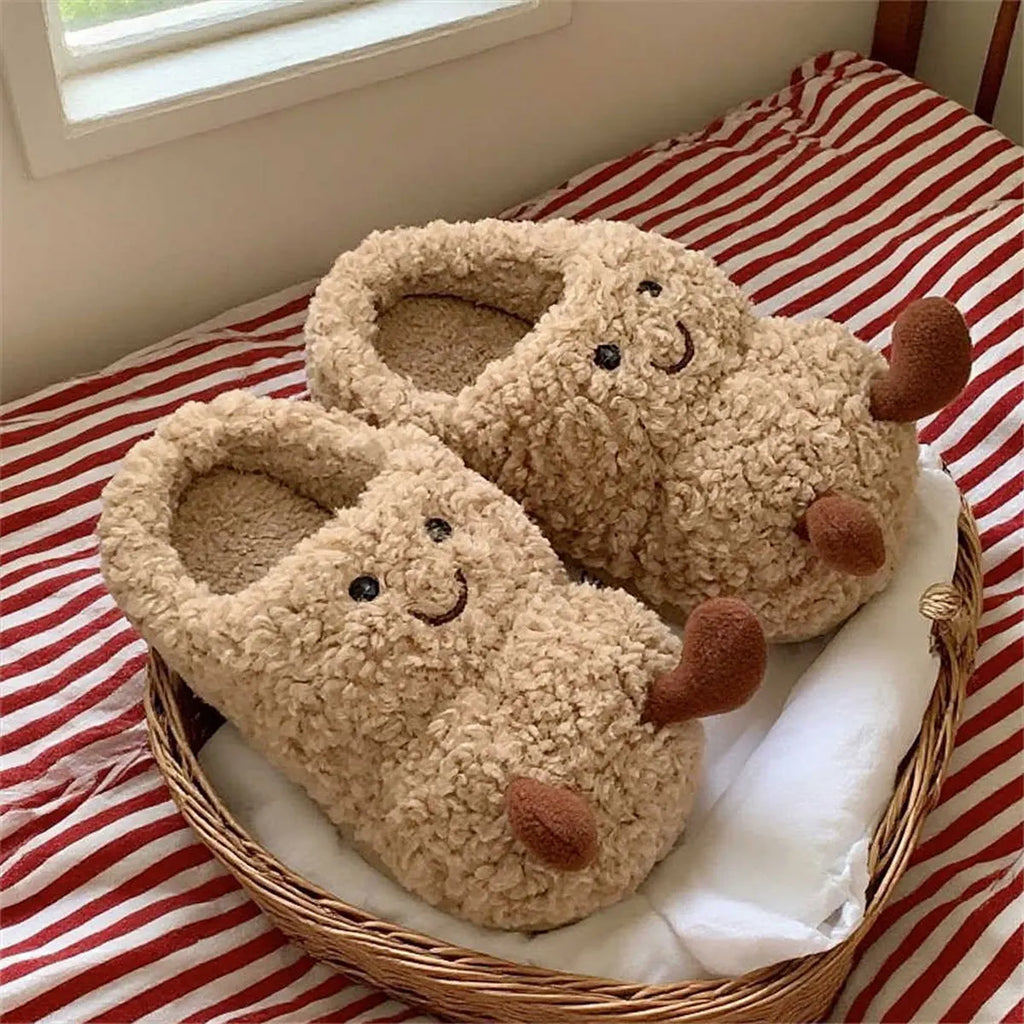 Creative and Fun Peanut-Shaped Home Warm Cotton Slippers for Women, Ins-Style Plush Non-Slip Winter Indoor Ladies' Slippers